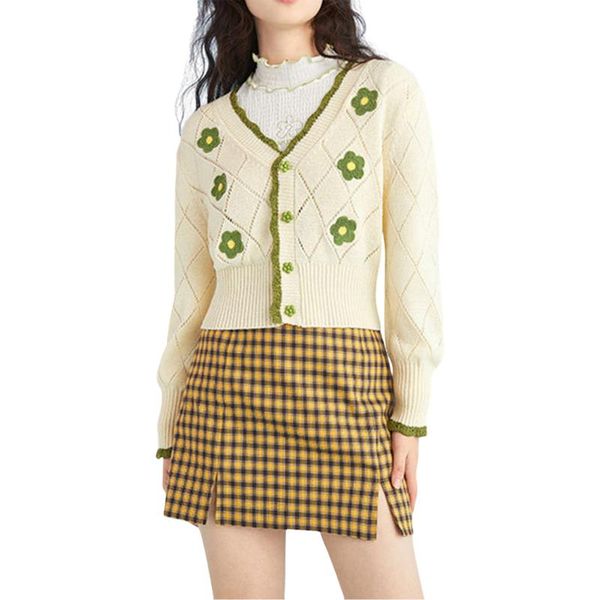 

women's knits & tees women knitted cardigan, argyle and floral pattern v-neck button-down , beige/ purple, White
