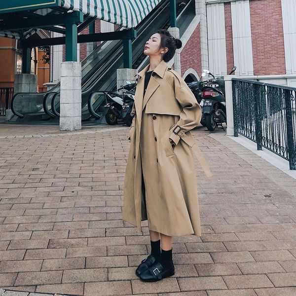 

women's trench coats fashion korean long coat elegant office lady x-long casual sashes adjustable waist ladies fall slim, Tan;black