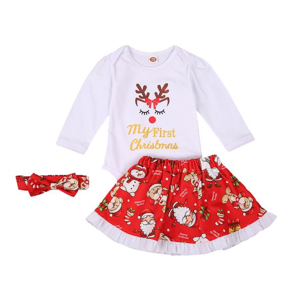 

newborn baby girls christmas clothes set letter deer print long sleeve santa ruffles skirt and hair band, White