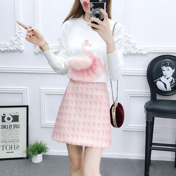 

women's tracksuits sweet girl knit sweater 2 piece set women lovely turtleneck long sleeve and a-line mini skirt 2021 autumn, Gray