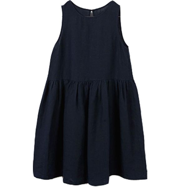 

women summer dress casual solid sleeveless o-neck cotton and linen dresses plus size, Black;gray