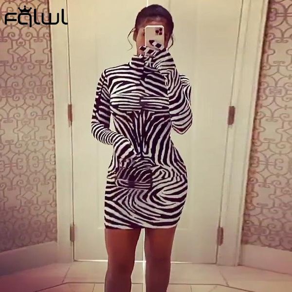 

casual turtleneck long sleeve mini dress women bodycon wrap female ladies fall short zebra print party dresses, Black;gray