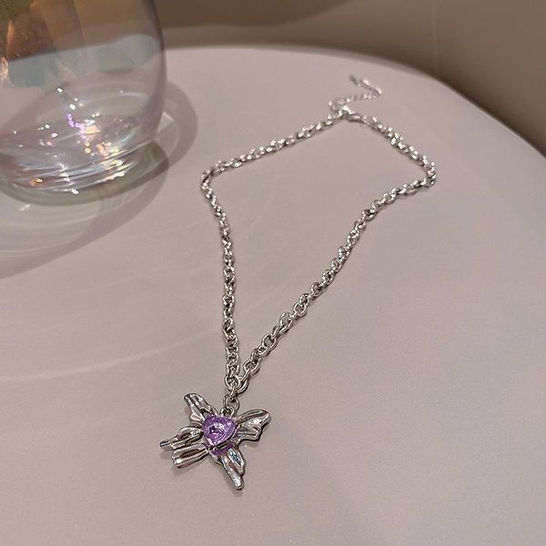 

pendant necklaces lovoacc personality bling rhinestone butterfly necklace for women linked chains insect wing choker jewellery, Silver