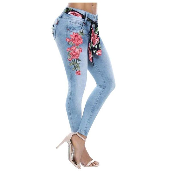 

women's jeans autumn women embroidery leggings ladies denim seamless pants floral print full streetwear #1916, Blue