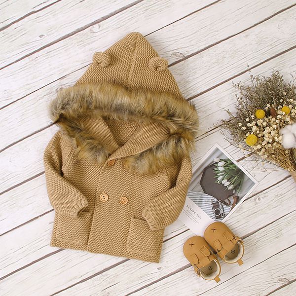 

knitting hooded coat winter fur collar jacket for girls boys winter plus thick velvet coats kids clothes children warm outerwear, Blue;gray