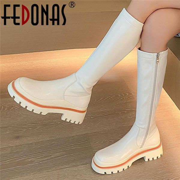 

boots fedonas round toe platforms women knee-high autumn winter fashion party casual thick heels side zipper shoes woman est, Black