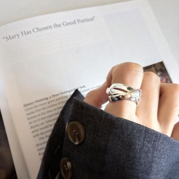 

cluster rings authentic s925 sterling silver fine jewelry 3-rins interlocked geometric rounded band long j303, Golden;silver