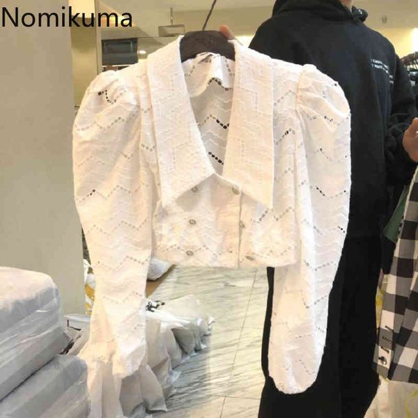 

nomikuma womens korean hollow-out short shirt new chic blusas femme puff sleeve double breasted blouses 6g694 210427, White