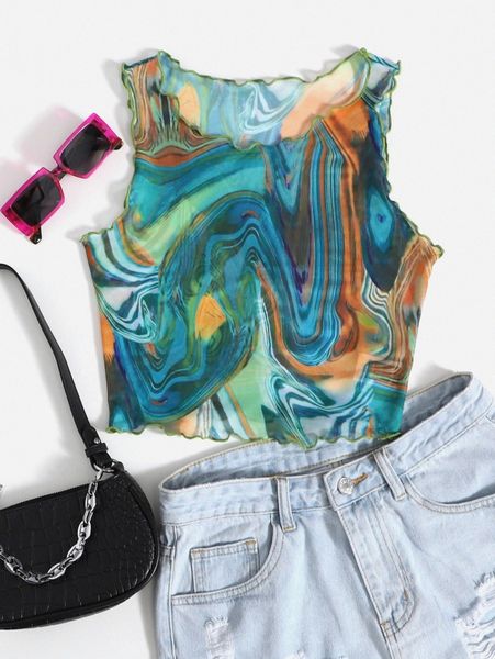 

marble print lettuce trim tank o2d1#, White