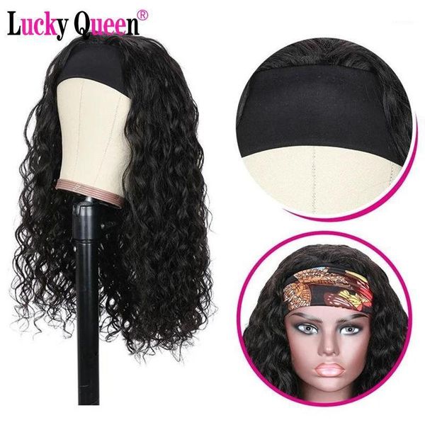 

lucky queen water wave headband scarf wig glueless human hair wigs for african american women affordable wig1, Black;brown