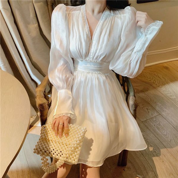 

autumn french perspective waist closing long sleeve dress white medium long skirt bubble sleeve, Black;gray