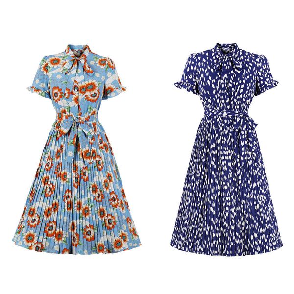 

pedal sleeve floral dresses pleated skirt print waist tie dress, Black;gray