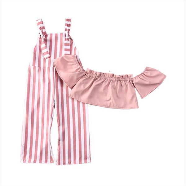 

toddler kids baby girls off shoulder ruffle crop t shirt pink stripe overalls pants jumpsuit outfits set clothes, White