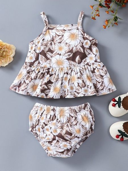

baby floral print ruffle hem cami & shorts she01, White