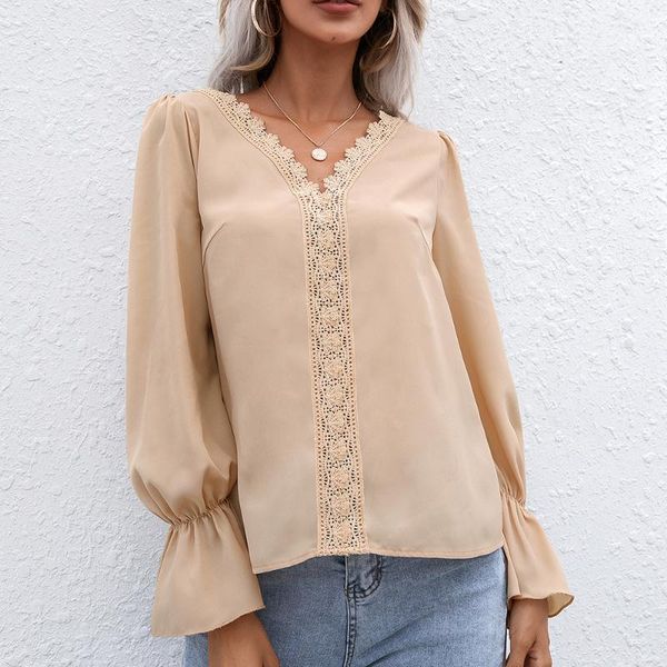 

women's blouses & shirts autumn women t-shirts v-neck lace patchwork hollow out long sleeve blouse casual ladies spring loose chiffon, White
