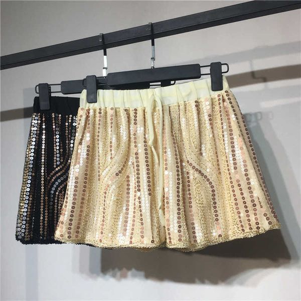 

summer women sequins shorts casual elastic waist gold paillette short pants bling clubwear 210601, White;black