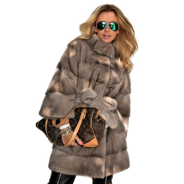 

women's fur & faux ur 2021 fashion winter female coat real for women natural mink outerwear coats with belt basic jackets, Black