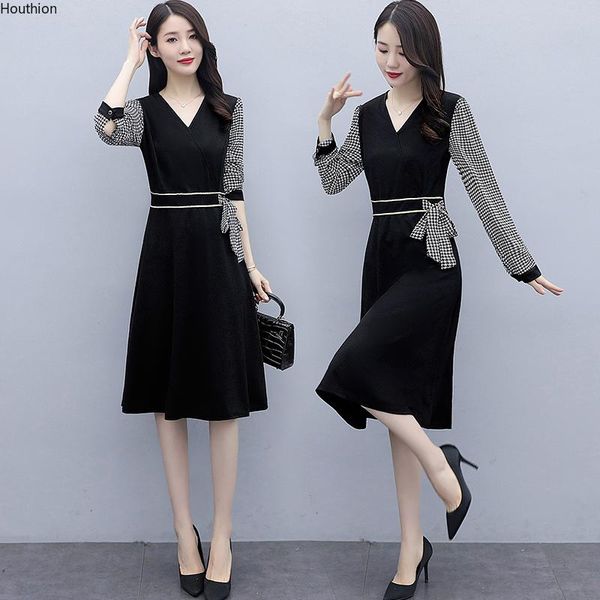 

casual dresses chiffon loose plus size women's long dress fashion sleeve splicing v-neck autumn houthion, Black;gray