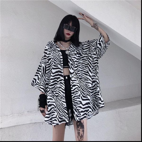 

zebra print street fashion turn womens shirt down collar vintage style short sleeved blouses harajuku cloth, White