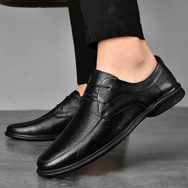 Homens Flats Casual Sapatos Ao Ar Livre New Genuine Couro Liso Sapatos Homens Oxford Moda Lace Up Dress Black Work Shoes Homens Sapatos