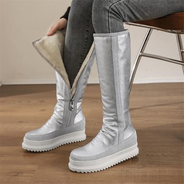 

boots pxelena plus size 34-43 women knee high snow thick wool fur 2021 winter warm leather shoes casual comfort zip silver black