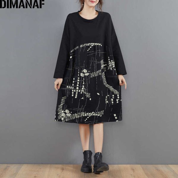 

plus size women dress vintage long sleeve lady vestidos loose print spring spliced casual female clothing black 210531, Black;gray