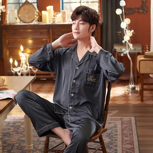 

men's sleepwear 2pcs pajamas set male satin shirt&pant faux silk pijamas suit casual men plus size 3xl loose homewear soft pyjamas, Black;brown