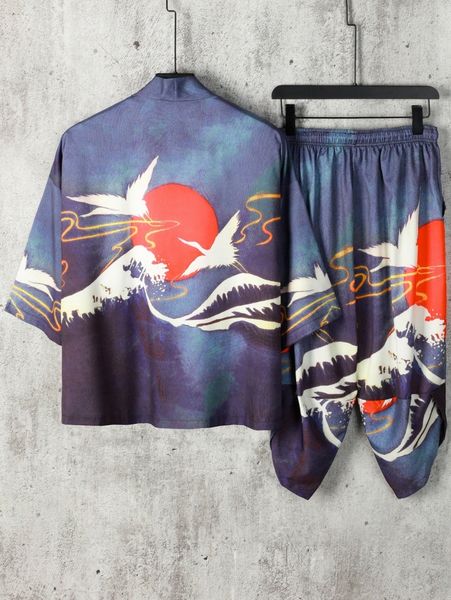 

men crane & wave print shirt & drawstring pants without tee 96xl#, Gray