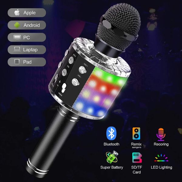 Microfone de karaokê sem fio, 4 em 1 microfone Bluetooth para crianças com luzes LED Speaker Record Remix Função