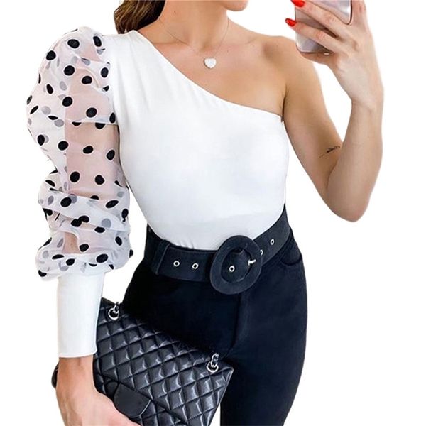 Frauen Bluse Mesh Sheer Puff Sleeve Top Eine Schulter Dame Hemd Sexy Kleidung Slim Fit Weibliche Polka Dot Print Streetwear 210522