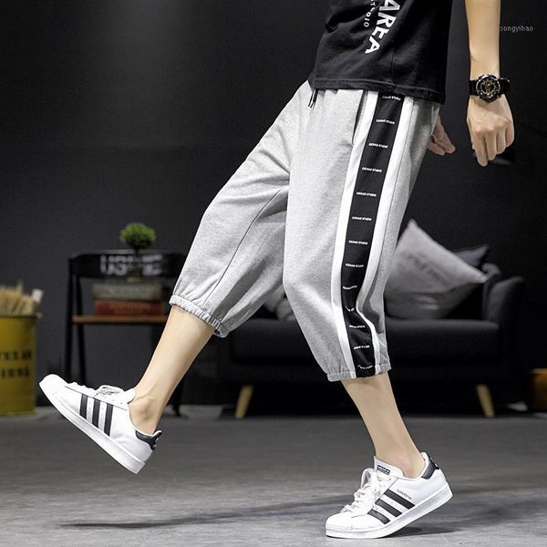 

men's pants summer cropped men elastic soft trousers mens fashion knitted calf-length street loose sweatpants male plus size 4xl, Black