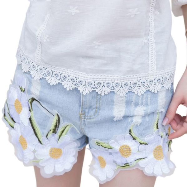 

women's shorts chsdcsi denim female summer jeans fashion white flowers middle straight women appliques casual sexy, White;black