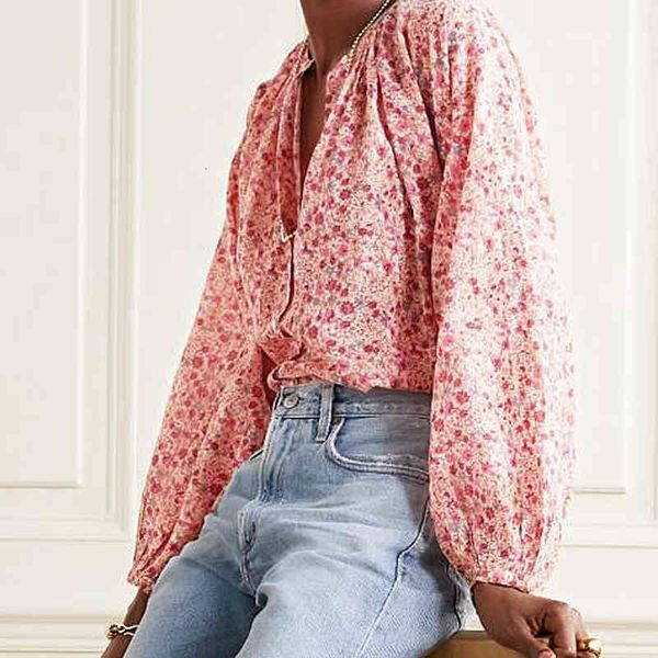 

blouses pink floral print blouse women cotton blend silhouette voluminous blouson sleeves gentle shirts mujer chemisier femme 9dbo, White