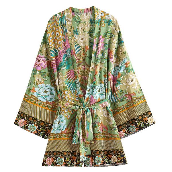 

women's swimwear drop green peacock print short cover ups rayon cotton robes loose floral kimono tropical wrap blusas female, White;black