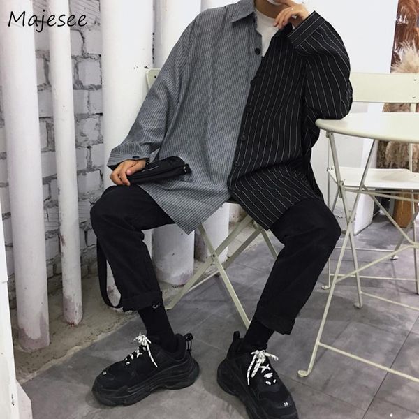 

men's casual shirts men patchwork leisure loose oversize simple korean style all-match retro harajuku shirt mens long sleeve soft daily, White;black
