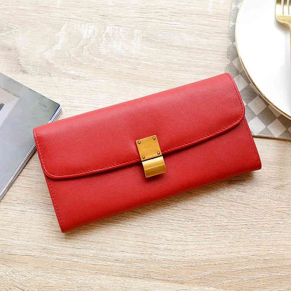 

design handbag 2021 new leather women's long tofu three fold fashion wallet, Red;black