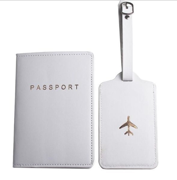

10sets women pu plane prints travel short passport card holder cover &luggage tag white black, Brown;gray