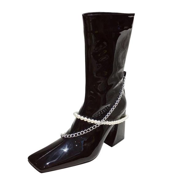 

boots black fashion ankle chain pearl long designer knee high chunky motorcycle for women bottine femme talon