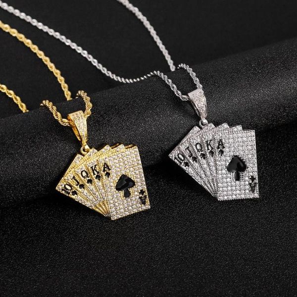 

pendant necklaces hip hop micro paved cubic zircon iced out bling poker flush necklace for men women rapper jewelry gold silver color