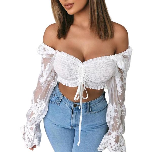 

women's t-shirt women floral embroidery cropped lace long sleeve off-shoulder bare navel drawstring solid color vest for summer, White
