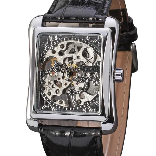 

wristwatches t-winner watch rectangular mechanical men's gold belt wrist hollow hand, Slivery;brown