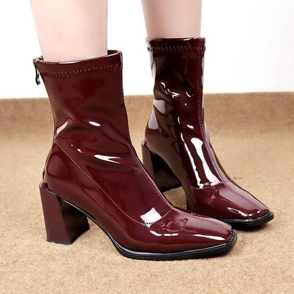 

boots strange style square heel winter ladies shoes fashion toe patent leather short comfortable autumn ankle, Black