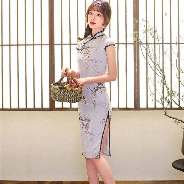 

summer women mandarin collar rayon printed knee-length qipao elegant satin short sleeve cheongsam chinese wedding dresses ethnic clothing, Red