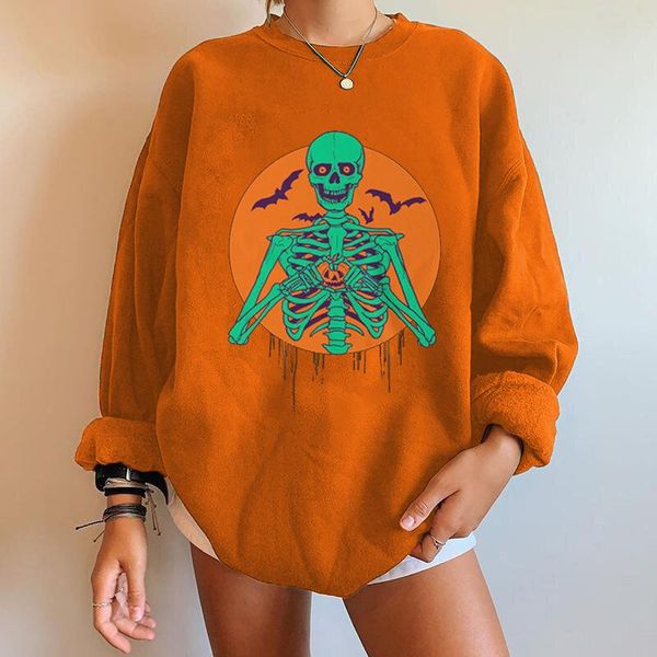 

women's hoodies & sweatshirts women halloween sweatshirt moon and skull print round-neck long sleeves pullover shirt for female 4 color, Black