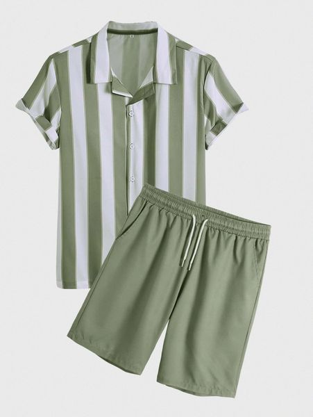 

men vertical striped button through shirt & shorts b6ql#, Gray