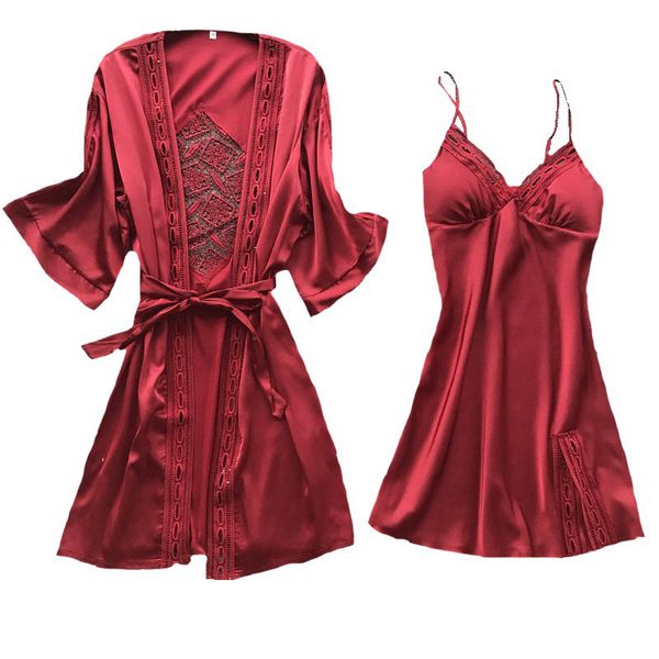 

women's sleepwear selling spring new ladies solid color nightgown soft silk satin women lace robes knee length dress thin, Black;red
