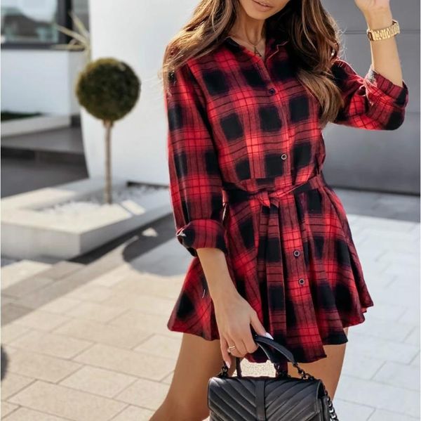 

fashion women plaids shirts dress long sleeve turn-down collar mini a-line lady high waist lace-up casual autumn dresses, Black;gray