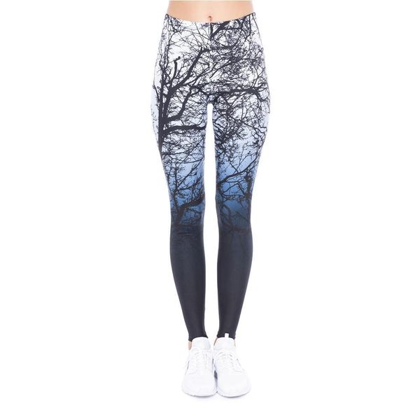 

design trees printing blue womens leggings fitness fashion high waist pants, Black