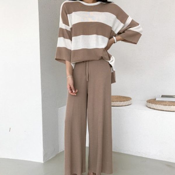 

women's two piece pants new autumn winter casual knitted set pullover sweater + wide-leg suits stripe loose 2 tpaw, White