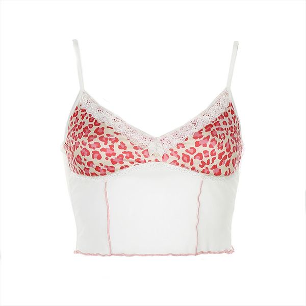 

summer camisole girls fashion women camis leopard print mesh lace decoration v neck sleeveless base shirt slim top, White